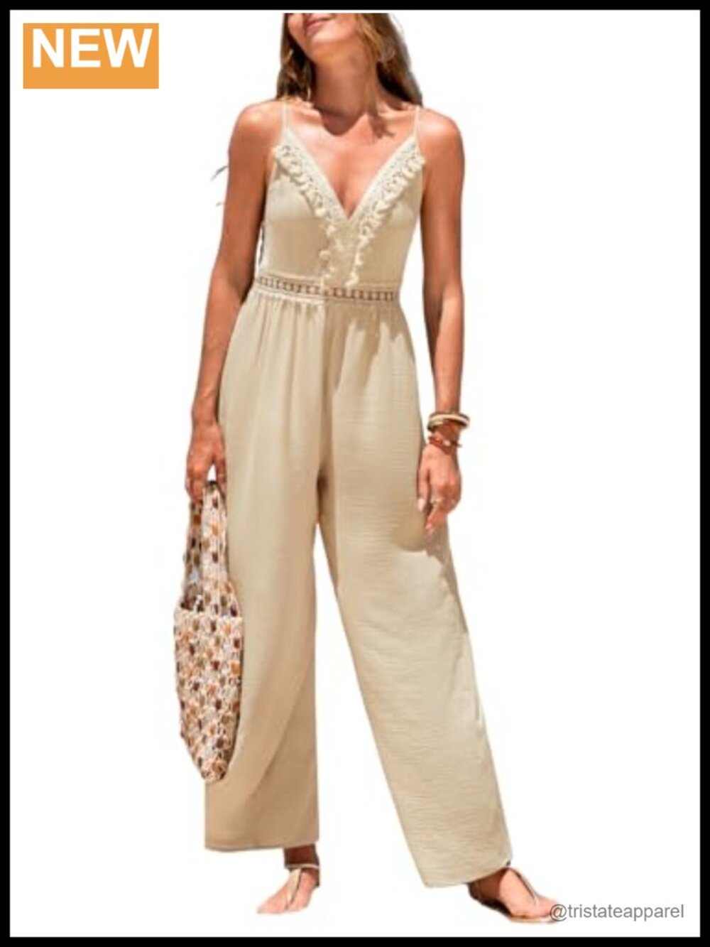 Women's Jumpsuit V Neck Lace Trim Sleeveless Wide Leg Romper